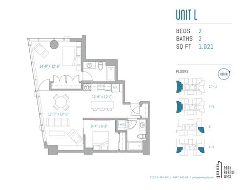 Floor plan for 2 beds, 2 baths, 1021 sqft